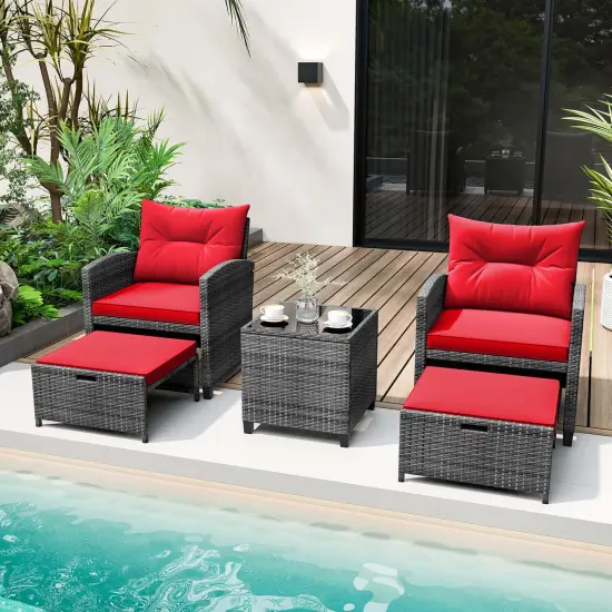 Costway 5 Piece Patio Rattan Furniture with 2 Ottomans & Tempered Glass Coffee Table Black/Grey/Navy/Beige/Red {1}