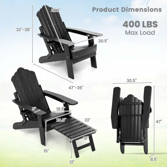 Costway Patio Adirondack Chair All-Weather HIPS Lounge Chair with Retractable Footrest Black/Brown/Gray/Navy {3}
