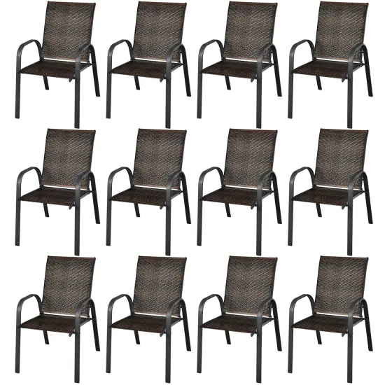 Costway Set of 12 Patio Rattan Dining Chairs Stackable Armrest Garden Mix Gray\Mix Brown {7}