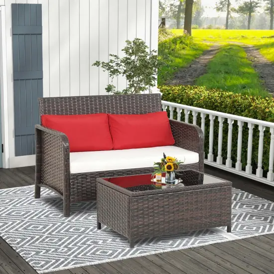 Costway 2 PCS Outdoor Patio Wicker Furniture Set with Tempered Glass Tabletop & Cushions {5}