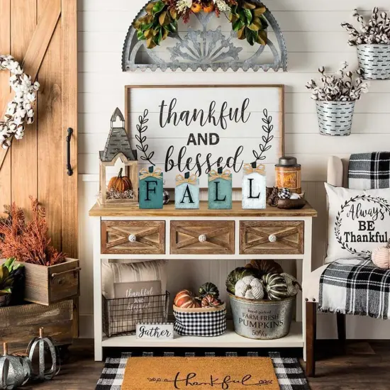 4 PCS Fall Pumpkin Wooden Signs Decoration - Blue {4}