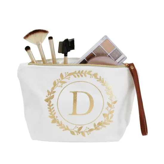 Gold Initial D Personalized Makeup Bag for Women, Monogrammed Canvas Cosmetic Pouch (White, 10 x 3 x 6 In) {7}