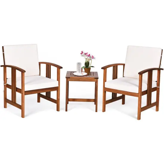 Costway 3PC Outdoor Patio Sofa Furniture Set Solid Wood Cushioned Conversation Set White {2}