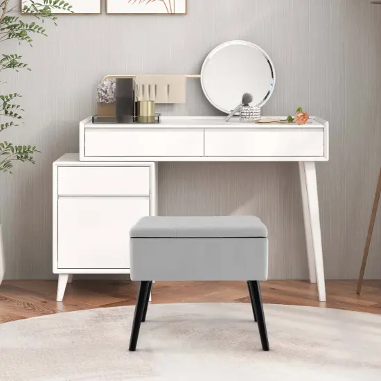 Costway 2 PCS Velvet Vanity Stools with Storage Solid Wood Legs Flip-Up Top for Entryway Black/Beige/Gray {2}