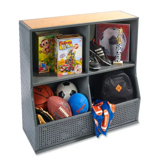 Badger Basket Metal and Bamboo Multi-Bin Storage Cubby - Charcoal/Natural {5}