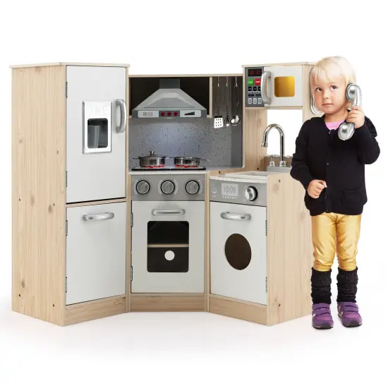 Costway Kids Corner Wooden Kitchen Playset Pretend Cooking Toy w/ Cookware Accessories {1}
