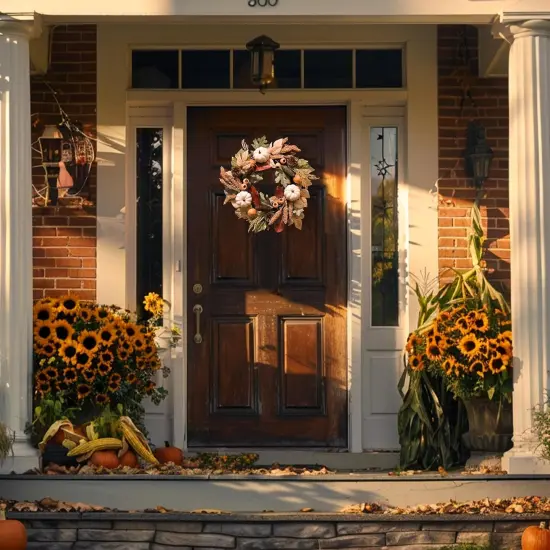 Silk Maple Leaves Wreath with Lights White Pumpkins Berries - Fall {4}