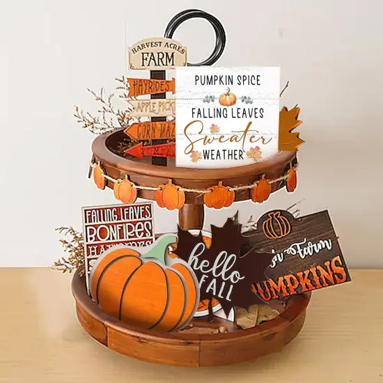 Fall Decor for Table Wood Box Sign Pumpkin Spice Falling Leaves {3}