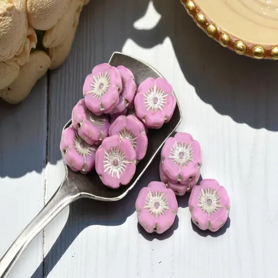 *12* 12mm Platinum Washed Opaque Pink Silk Hawaiian Flower Beads {4}