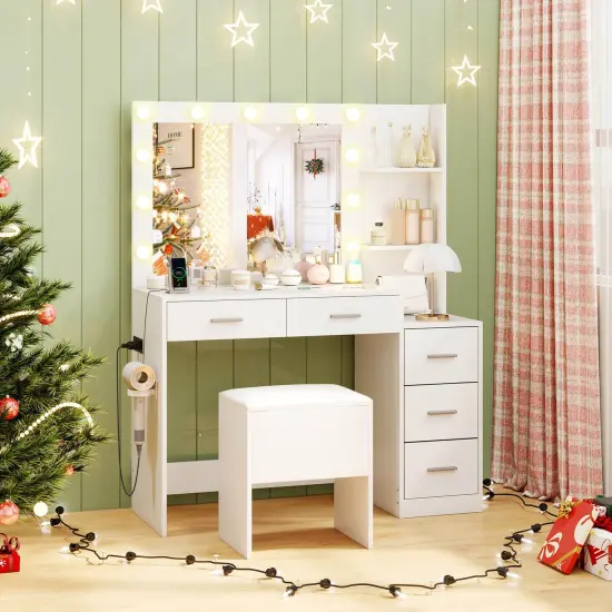 Costway 43.5" Makeup Table Set Vanity Desk with Storage Stool Power Outlets 2 Open Shelves {6}