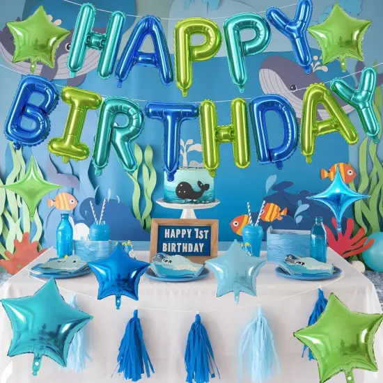 Happy Birthday Balloon Banner Blue Green {4}