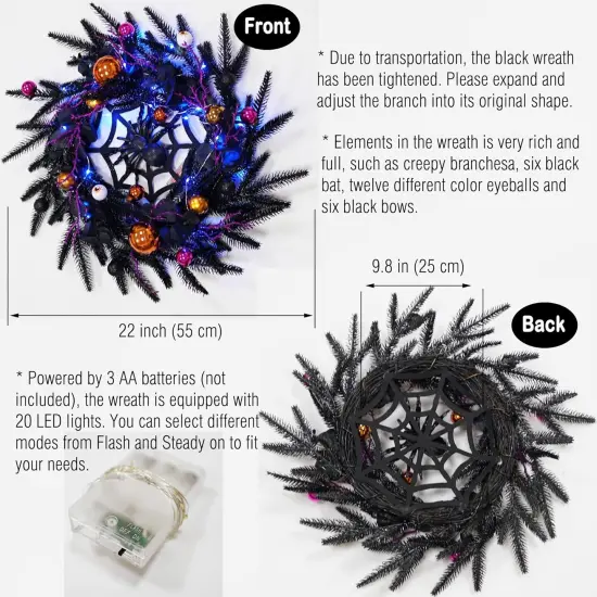 Black Halloween Spider Wreath with LED Light {3}