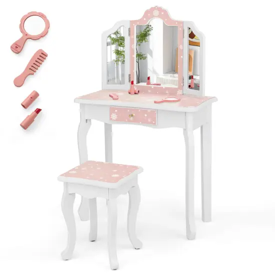 Costway Kids Vanity Table & Stool Set with Cute Polka Dot Print Tri-folding Mirror Drawer Pink&White/Light Pink&White/Pink&Black/Blue/Pink {7}