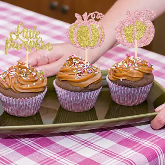 24 Pack Little Pumpkin Cupcake Toppers Glitter Little Baby Pumpkin Cupcake {3}