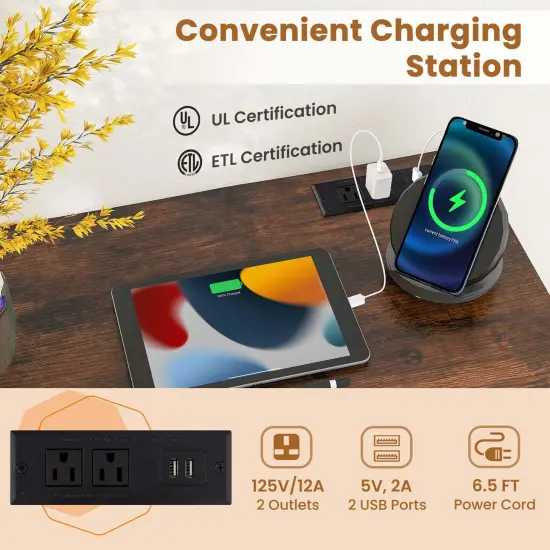 Costway Set of 2/4/6 Meeting Room Desk with Charging Station & Headphone Hook Metal Frame Brown {5}