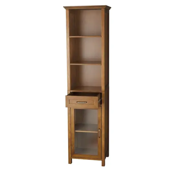 Oak Finish Bathroom Linen Tower Storage Cabinet with Shelves {3}
