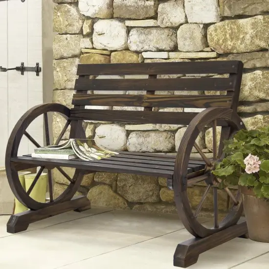 Farmhouse Wooden Wagon Wheel Bench for Porch or Garden {2}