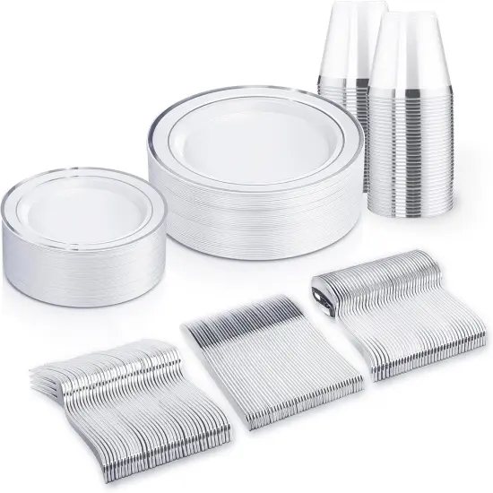 Silver Disposable Dinnerware Set &ndash; 25, 50, 75, 100 Guest Options, Plates, Silverware, Cups for Wedding, Party, Events {3}