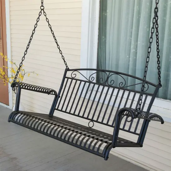 Black Wrought Iron 4-ft Porch Swing with Scrolled Arms & Chains {1}