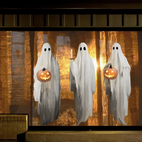 3pcs Extra Large Scary White Ghosts with Pumpkin Window Decals {1}