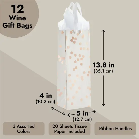12-Pack Wine Gift Bags with Ribbon Handles and Tissue Paper for Wine Bottles, Liquor, Champagne, Sparkling Cider, Elegant Polka Dot Foil Designs (3 Colors, 13.8x5x4 in) White {3}