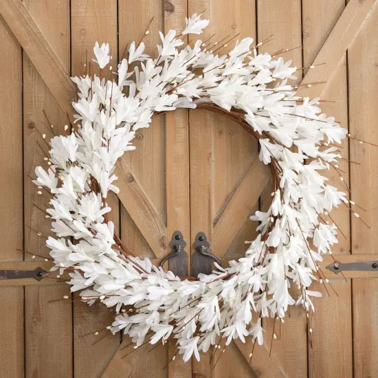 20inch Artificial Forsythia Flower Wreath Spring Summer Fall Wreath Silk Leaves Wreath for Front Door Wreath Porch Farmhouse Patio Garden Home Decor (White) {4}