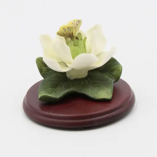 Ceramic Magnolia Flower with Butterfly on Wooden Base, Home D&eacute;cor, Gift for Her, Gift for Mom {2}