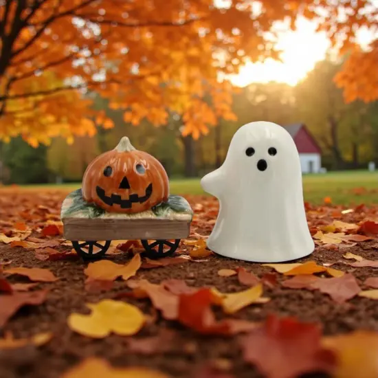 Ceramic Casper the Ghost And Pumpkin Wagon Halloween Salt And Pepper Shakers, Gift for Her or Mom, Kitchen D&eacute;cor, Fall D&eacute;cor {2}