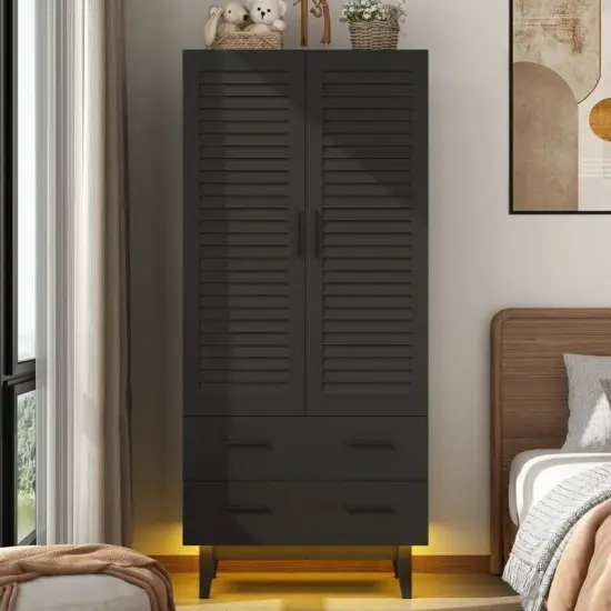 Matte Black Pine Wood Wardrobe with Adjustable Shelves and LED Lighting Drawers and Louver Doors {3}