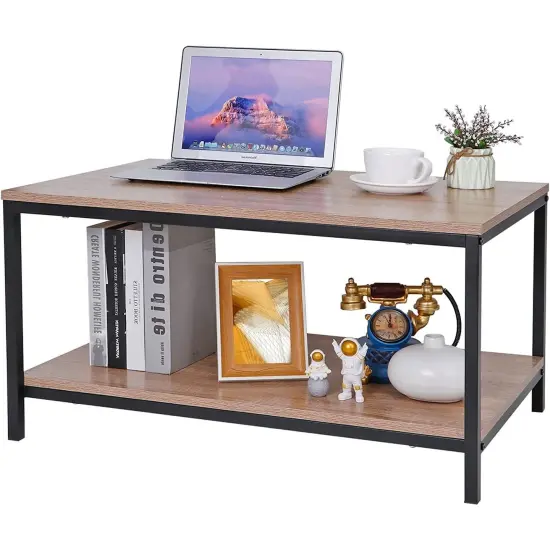 Modern Natural Wood 2-Tier Coffee Table with Storage Shelf and Black Metal Frame for Living Room {1}