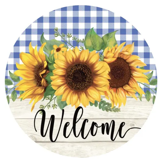 Sunflower Welcome Blue Plaid Round Sign {2}