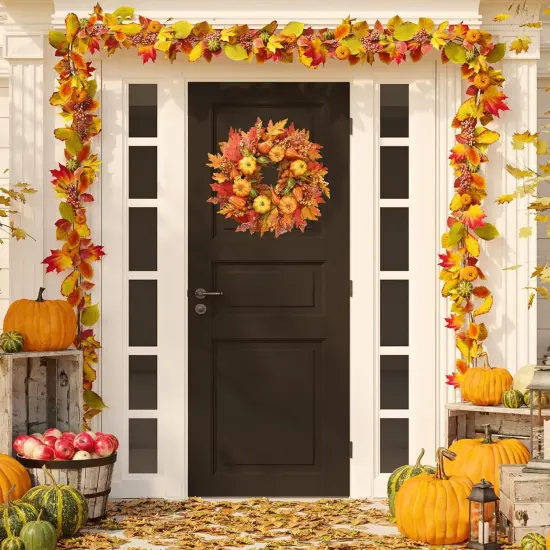 Fall Wreath 23&rsquo;&rsquo; Artificial Autumn Front Door Wreath with Large Pumpkins {5}