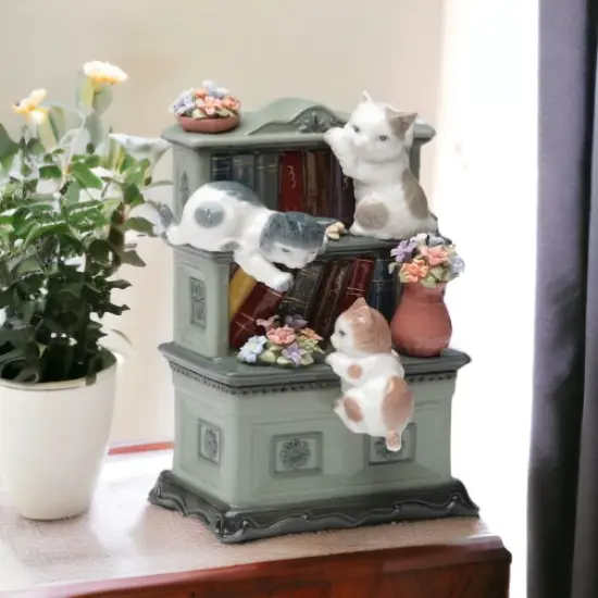 Ceramic Cats Playing on Bookshelf with Flowers Music Box, Home D&eacute;cor, Gift for Her, Mom, Kitchen D&eacute;cor, Cat Lovers Gift, Pet Loss Gift {2}