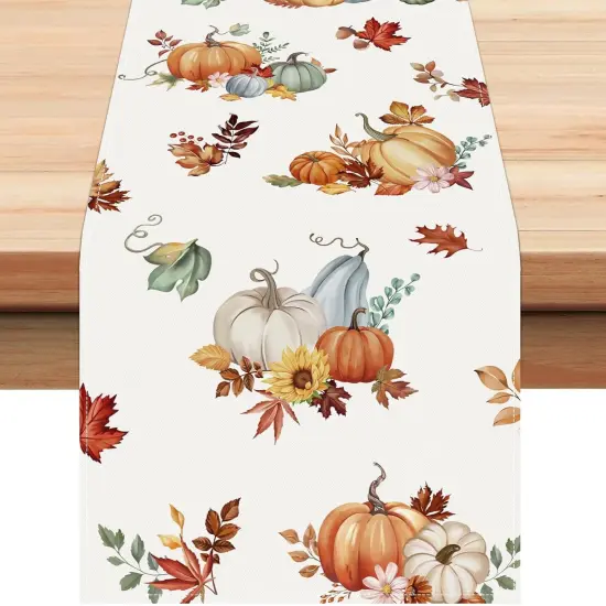 Fall Pumpkins Table Runner 13x72 Inch Watercolor Floral Leaves {1}