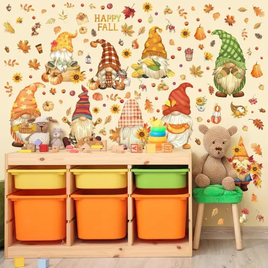 9 Sheet -Fall Wall Stickers Watercolor Gnomes Wall Art Decals Colorful Maple Leaves {3}