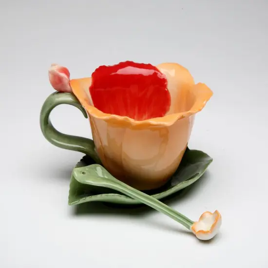 Ceramic Orchid Flower Cup and Saucer and Spoon-2 Sets, Gift for Her, Gift for Mom, Gift for Friend or Coworker, Tea Party D&eacute;cor, Caf&eacute; Decor {3}