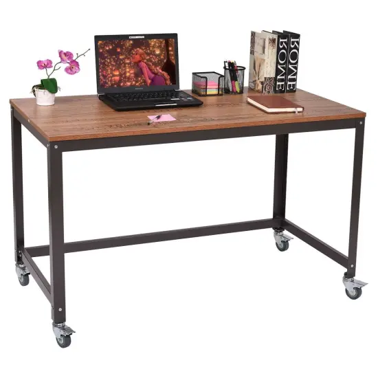 Black-Brown Modern Computer Desk with Locking Wheels and Steel Frame {2}