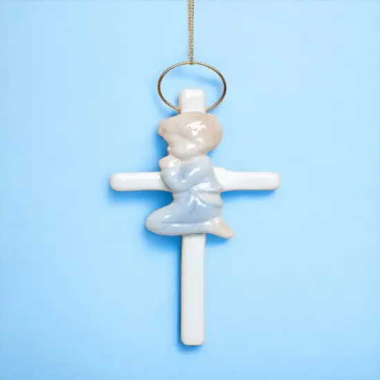 Ceramic Praying Boy On Cross Wall Decor, Religious D&eacute;cor, Religious Gift, Church D&eacute;cor, Baptism Gift {1}