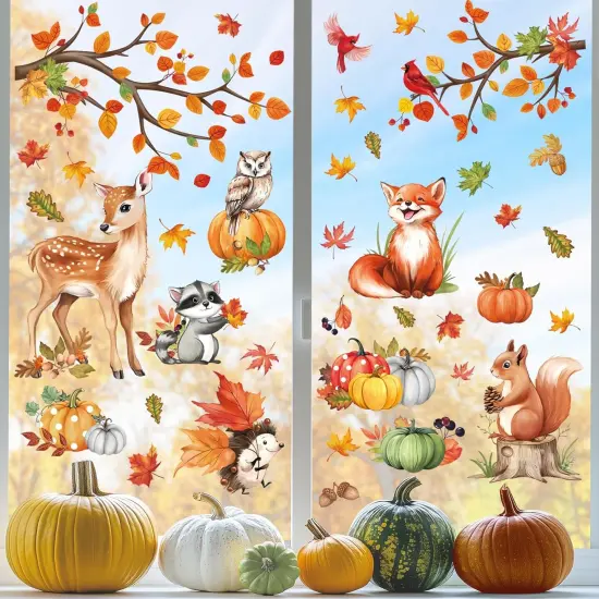 Woodland Animals Fall Pumpkin Window Clings Deer Fox Racoon {1}