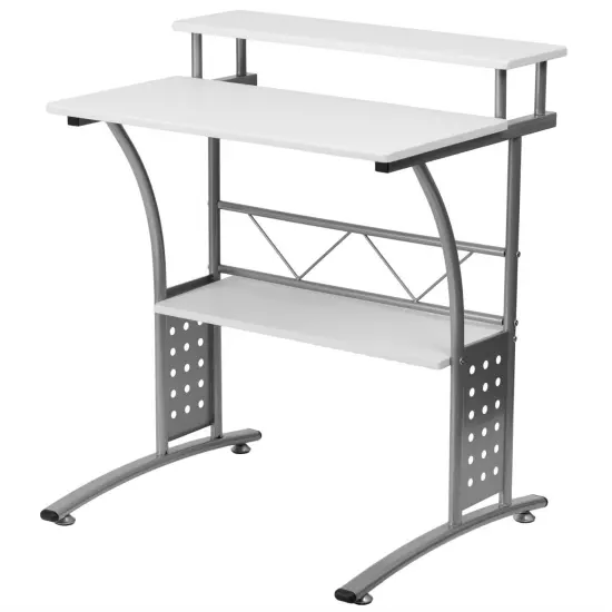 Silver-White Metal Frame Computer Desk with Laminate Top and Raised Monitor Shelf {1}