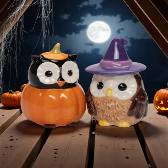 Ceramic Witch Owl And Pumpkin Owl Salt And Pepper Shakers, Gift for Her, Gift for Mom, Kitchen Décor, Fall Décor, Halloween Décor {2}