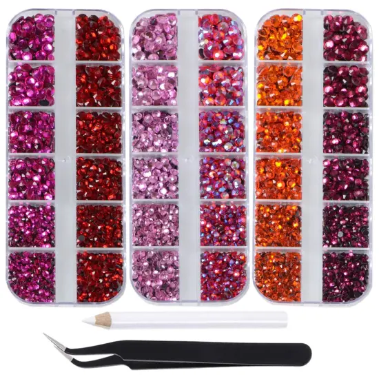 4500pcs+ Flatback Glass Hotfix Iron On Rhinestones Crystal for DIY Making with 1 Tweezer & 1 Picking Pen for Shoes, Clothes, Face Art, Bags, Manicure (3-Sizes,6-colors, Red Color Series) {1}