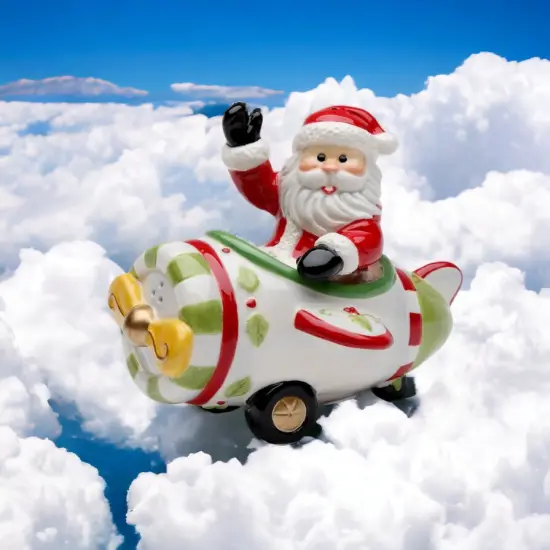 Ceramic Christmas Santa Flying Airplane Salt & Pepper Shakers, Gift for Pilot, Gift for Her, Mom, Kitchen D&eacute;cor, Christmas D&eacute;cor {2}
