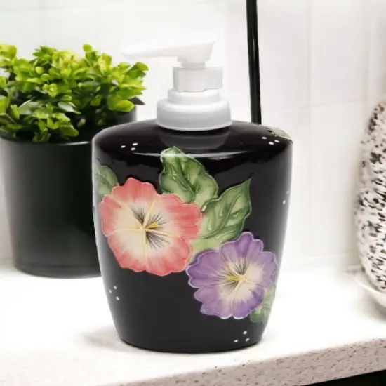 Ceramic Pansy Flower Black Soap Dispenser Pump, Home D&eacute;cor, Gift for Her, Gift for Mom, Kitchen D&eacute;cor, Bathroom Decor {1}