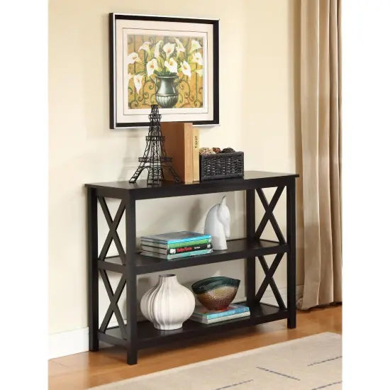 Black 3-Tier Wood Console Sofa Table with Shelves and Sides X-Design for Entryway or Hallway {1}