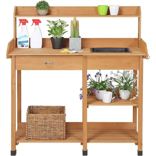 Brown Solid Fir Wood Potting Bench with Sink, Drawer and Shelves {5}