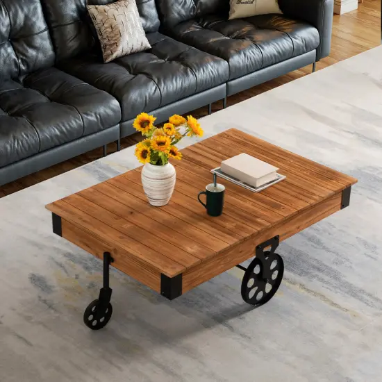 Vintiquewise Large Rustic Vintage Industrial Wooden Coffee Table with Detailed Wood Grain Metal Accents and Black Cast Iron Cart Wheels Perfect for Farmhouse and Loft-Style Interiors {2}