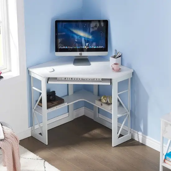 White Engineered Wood Corner Computer Desk with Shelves and Keyboard Tray {2}