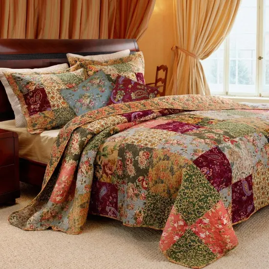 Cotton Patchwork Quilt Set Full Queen Floral Paisley Reversible {1}