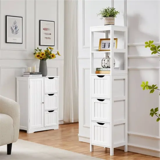Bathroom Cabinet Tower with 3 Storage Drawers and 2 Shelves in White Wood Finish {5}